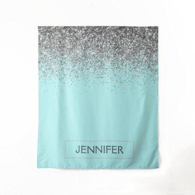 Teal Aqua Blue Silver Glitter Girly Monogram Name Tapestry