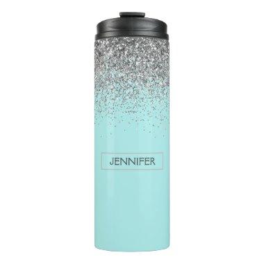 Teal Aqua Blue Silver Glitter Girly Monogram Name Thermal Tumbler
