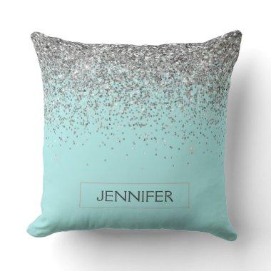 Teal Aqua Blue Silver Glitter Girly Monogram Name Throw Pillow