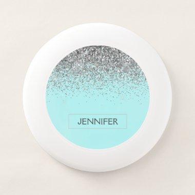 Teal Aqua Blue Silver Glitter Girly Monogram Name Wham-O Frisbee