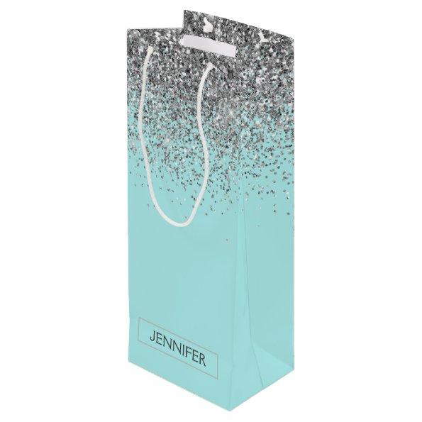 Teal Aqua Blue Silver Glitter Girly Monogram Name Wine Gift Bag