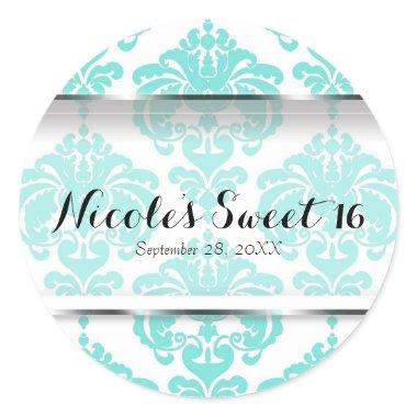 Teal Aqua Damask Vintage Glam Wedding Event Favor Classic Round Sticker