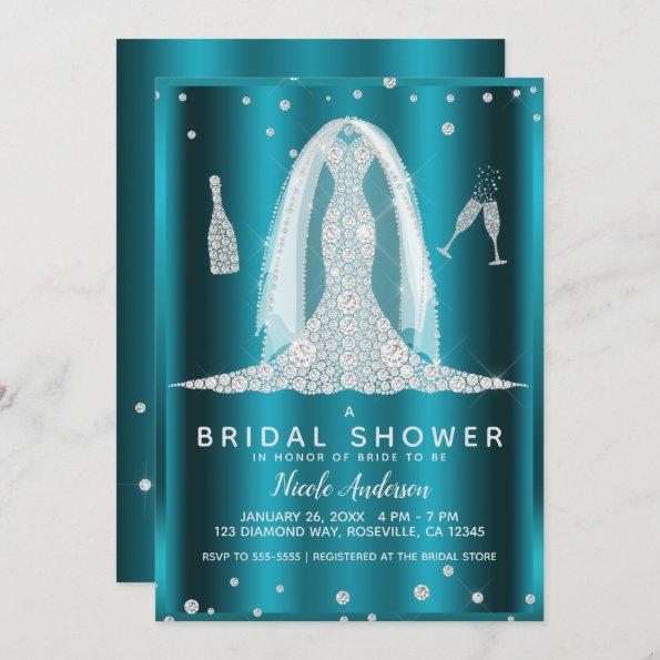 Teal Aqua Glam Diamond Wedding Dress Bridal Shower Invitations