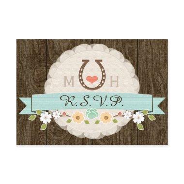 TEAL AQUA HORSESHOE WESTERN WEDDING RSVP CARD
