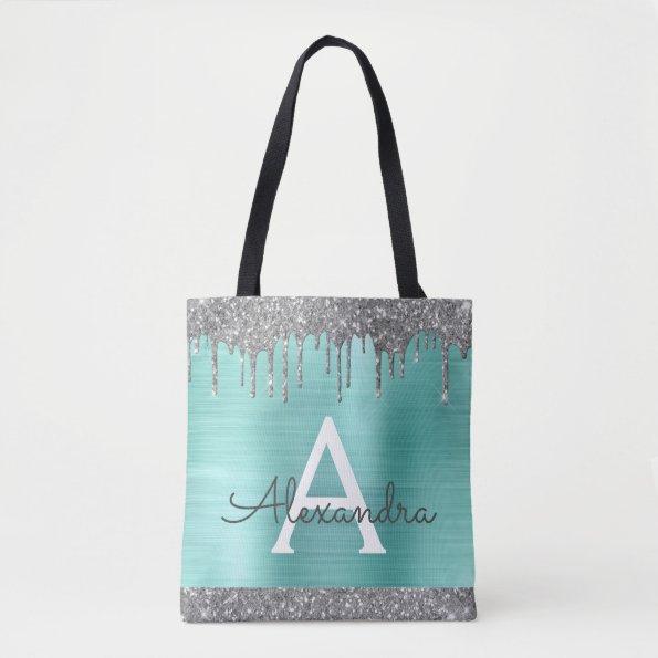 Teal Aqua Silver Glitter Sparkle Elegant Monogram Tote Bag