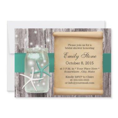 Teal Belt Starfish & Mason Jar Wood Bridal Shower Invitations