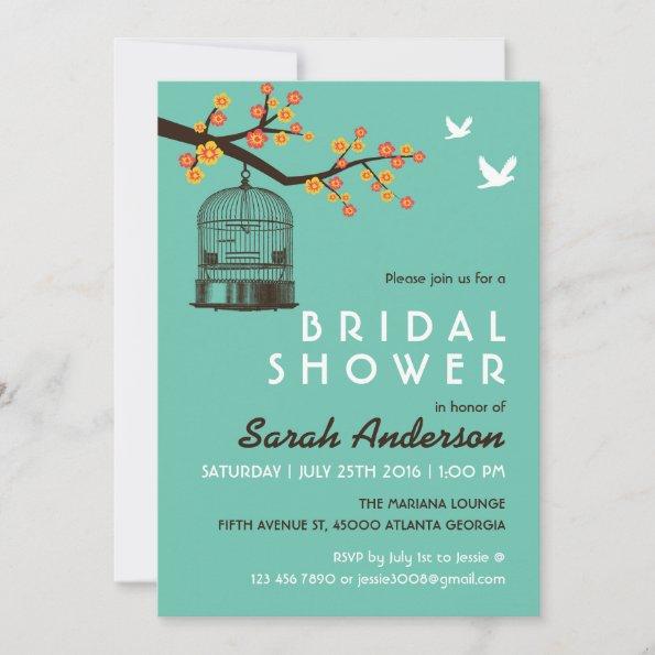 Teal Bird Cage Flower Bridal Shower Invitations