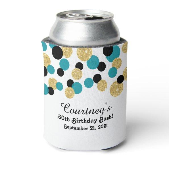 Teal, Black and Gold Glitter Confetti | 30th Can Cooler