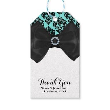 Teal & Black Damask Bling Bow Glam Sweet 16 Party Gift Tags