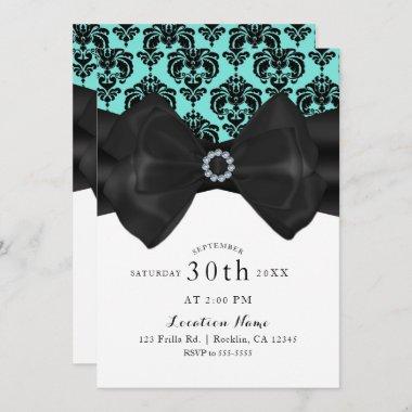 Teal & Black Damask Bow Glam Chic Sweet 16 Party Invitations