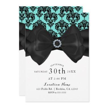 Teal & Black Damask Bow Glam Chic Sweet 16 Party Invitations