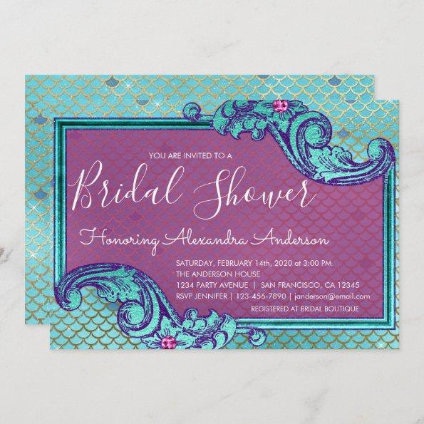 Teal Blue and Purple Mermaid Scales Bridal Shower Invitations