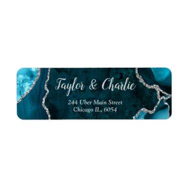 Teal Blue and Silver Agate Marble Wedding Label