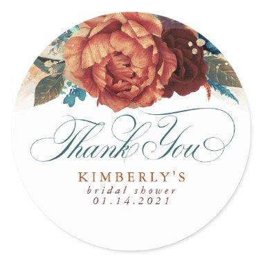 Teal Blue and Terracotta Floral Thank You Classic Round Sticker