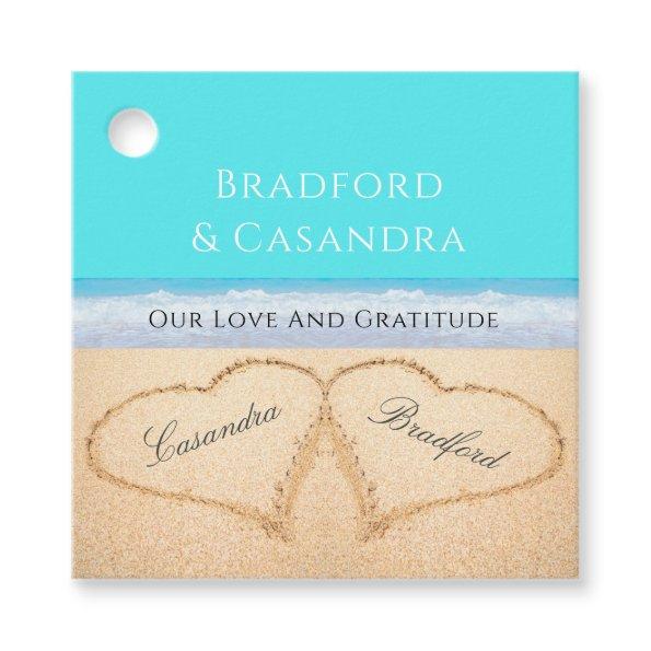Teal Blue Beach Wedding 2 Hearts in the Sand Napk Favor Tags