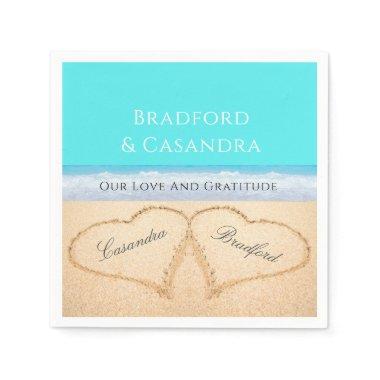 Teal Blue Beach Wedding 2 Hearts in the Sand Napkins
