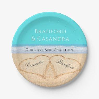 Teal Blue Beach Wedding 2 Hearts in the Sand Paper Plates