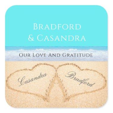 Teal Blue Beach Wedding 2 Hearts in the Sand Square Sticker