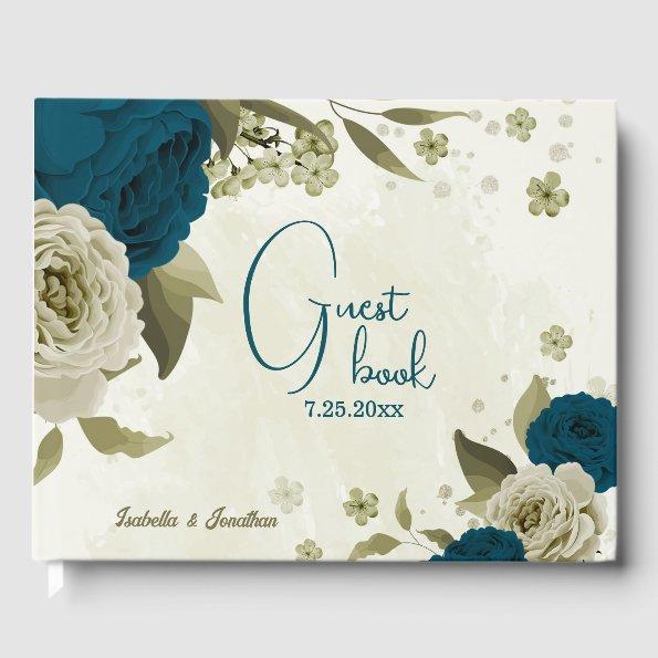teal blue beige floral wedding guest book
