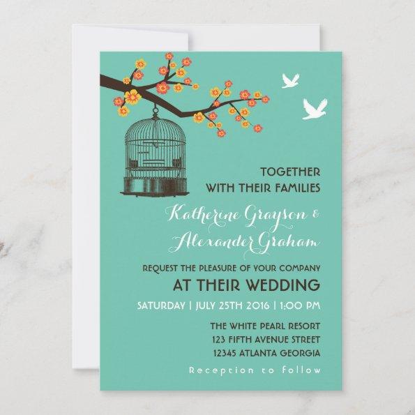 Teal Blue Bird Cage Floral Wedding Invitations