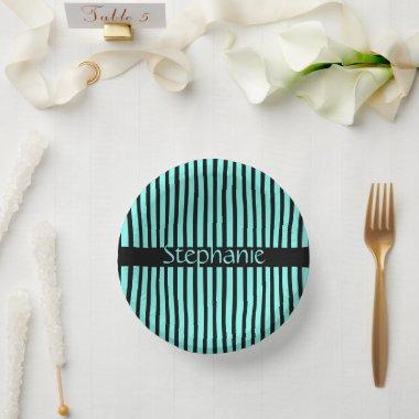 Teal Blue Black Custom Name Stripes Baby Shower Paper Bowls