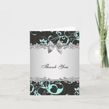 Teal Blue Black Damask Silver Thank You Invitations