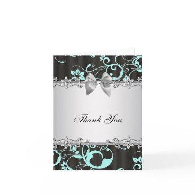 Teal Blue Black Damask Silver Thank You