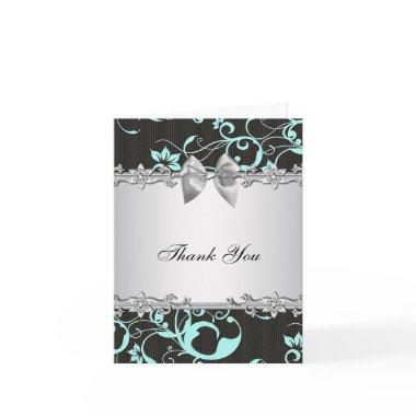 Teal Blue Black Damask Silver Thank You Invitations