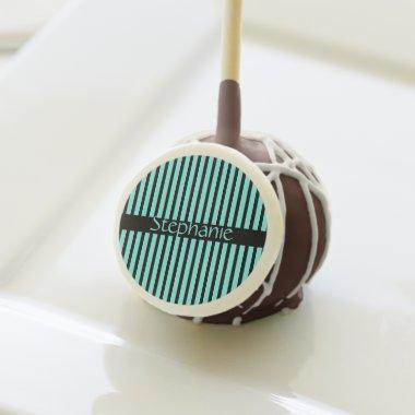 Teal Blue Black Stripes Baby Shower Custom Name Cake Pops