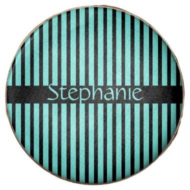 Teal Blue Black Stripes Baby Shower Custom Name Chocolate Covered Oreo