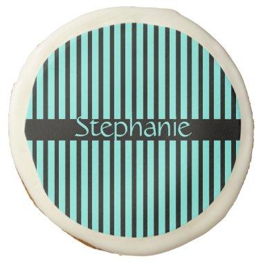 Teal Blue Black Stripes Baby Shower Custom Name S Sugar Cookie