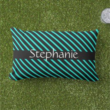 Teal Blue Black White Custom Name Stripes Gift Lumbar Pillow