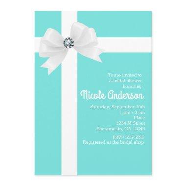 Teal Blue Bridal Shower White Bow & Diamond Invitations