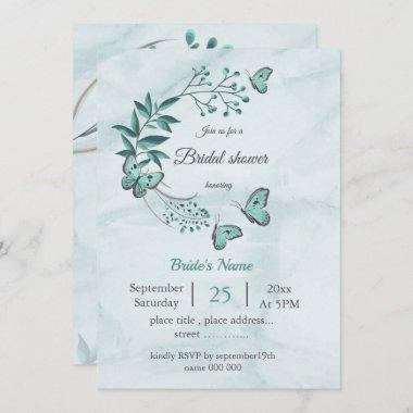 teal blue butterflies leaves floral bridal shower Invitations