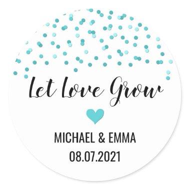 Teal Blue Confetti Heart Let Love Grow Classic Round Sticker