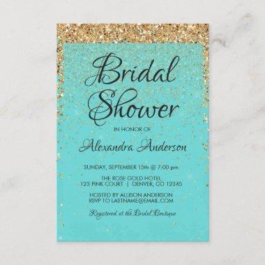 Teal Blue Girly Glitter Sparkle Bridal Shower Invitations