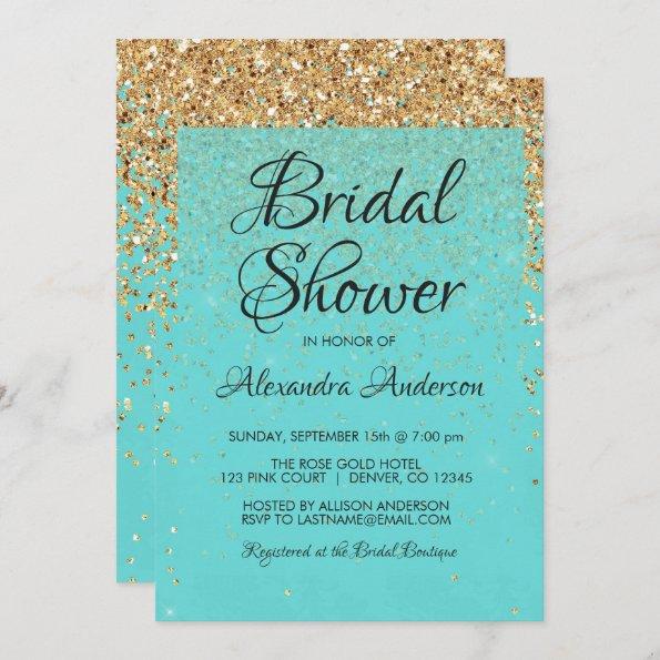 Teal Blue Girly Glitter Sparkle Bridal Shower Invitations