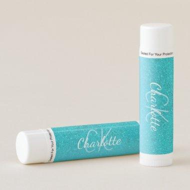 Teal blue glitter aqua green monogram initials lip balm