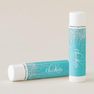 Teal blue glitter drips aqua green monogram lip balm