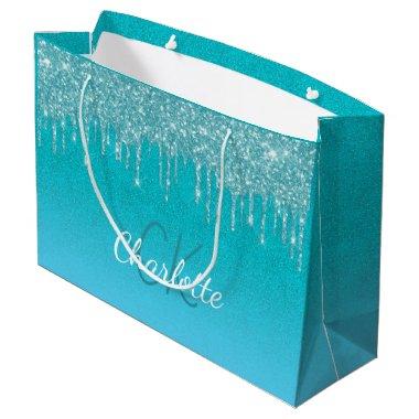 Teal blue glitter drips monogram sparkle script large gift bag