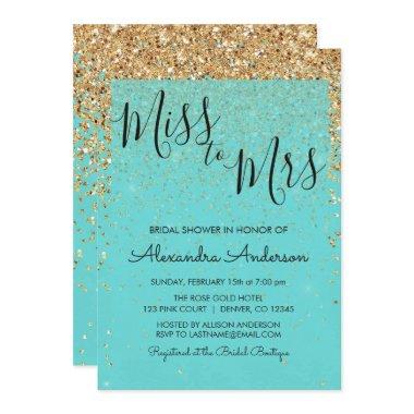 Teal Blue Glitter Miss to Mrs Bridal Shower Invitations