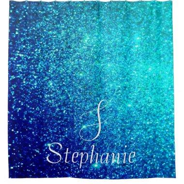 Teal Blue Glitter Sparkle Monogram Initials Cute Shower Curtain