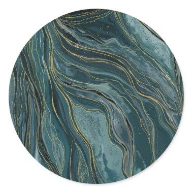 Teal Blue Gold Abstract Watercolor Waves Classic Round Sticker