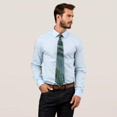 Teal Blue Gold Abstract Watercolor Waves Neck Tie