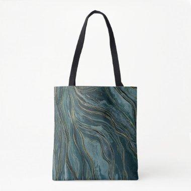 Teal Blue Gold Abstract Watercolor Waves Tote Bag