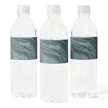 Teal Blue Gold Abstract Watercolor Waves Water Bottle Label