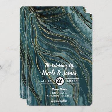 Teal Blue Gold Abstract Watercolor Wedding Invitations