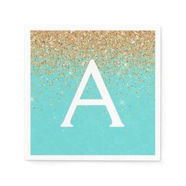 Teal Blue Gold Glitter & Sparkle Monogram Birthday Napkins