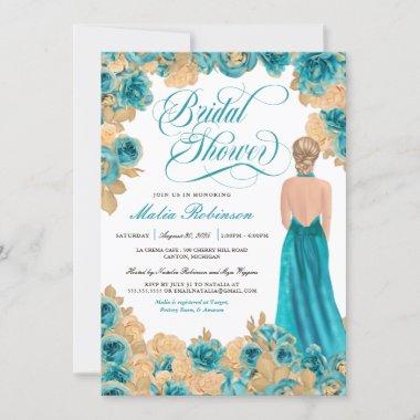 Teal Blue & Gold Roses Elegant Gown Bridal Shower Invitations