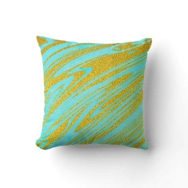 Teal Blue Green Gold Golden Glitter Artsy Patterns Throw Pillow